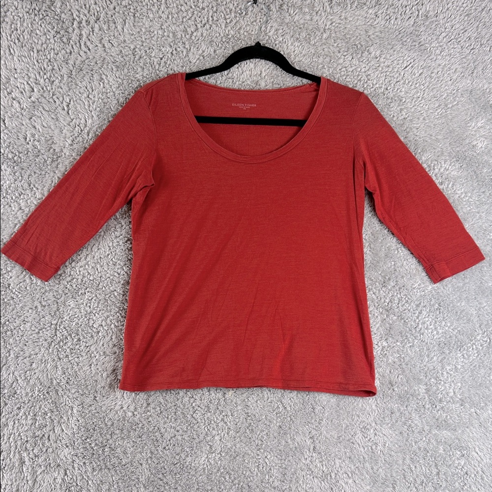 Eileen Fisher Silk 3/4 Sleeve Coral Orange Tee Top Women’s Size XS